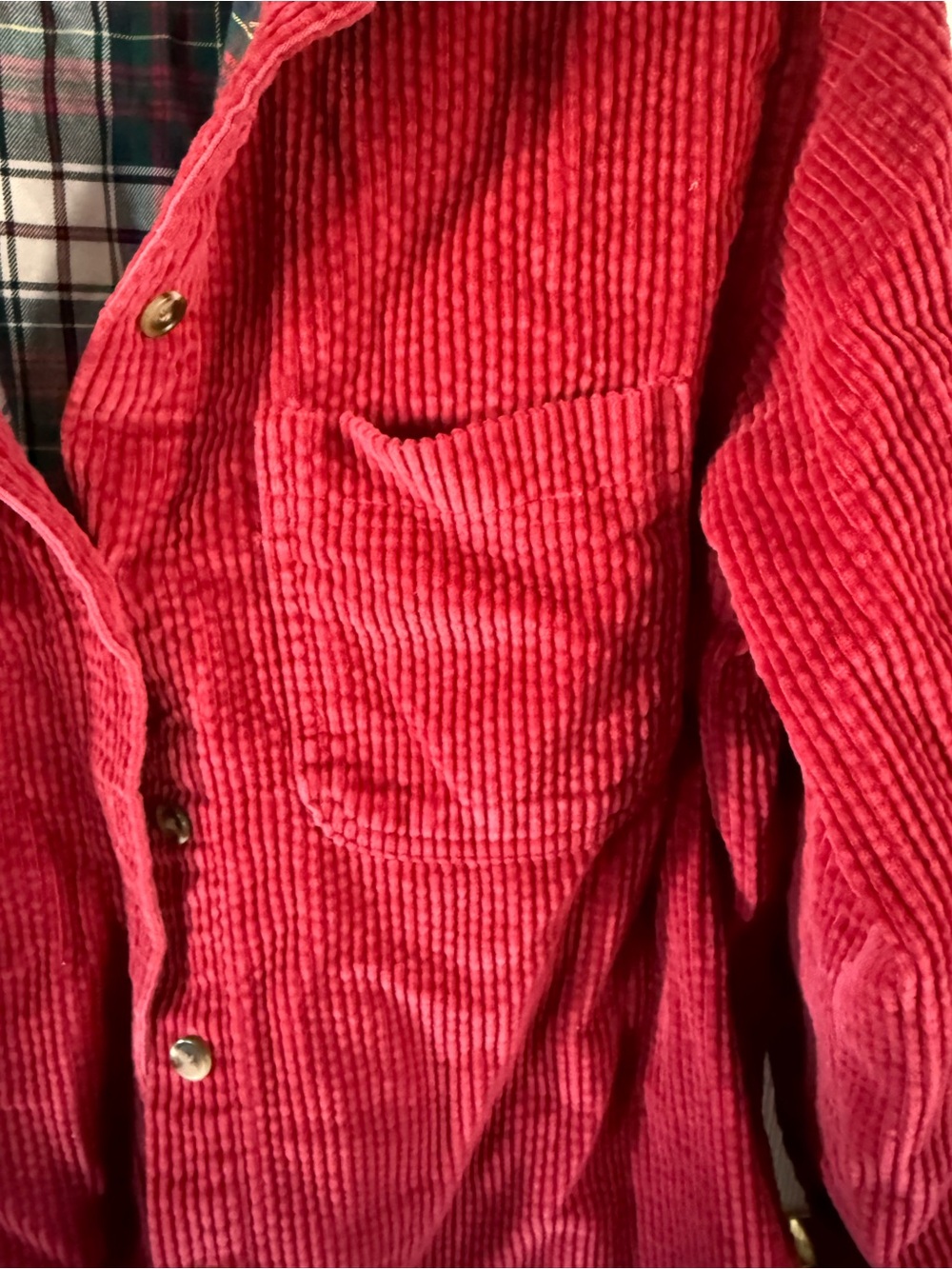 L.L. Bean Women’s Red Corduroy Button-Down Shirt with Plaid Lining - Picture 4 of 5